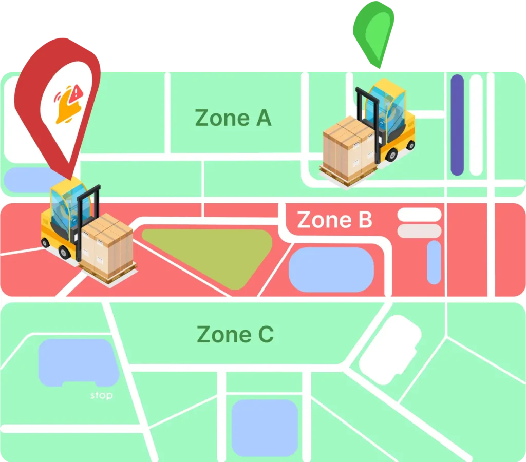 Facility floor map with geofencing zones to trigger alerts.